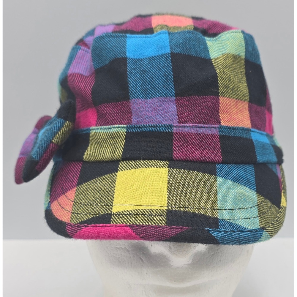 Disney Cadet Hat‎ Adult Size 7 Rainbow Patchwork Plaid Neon Mickey Mouse Bow Cap